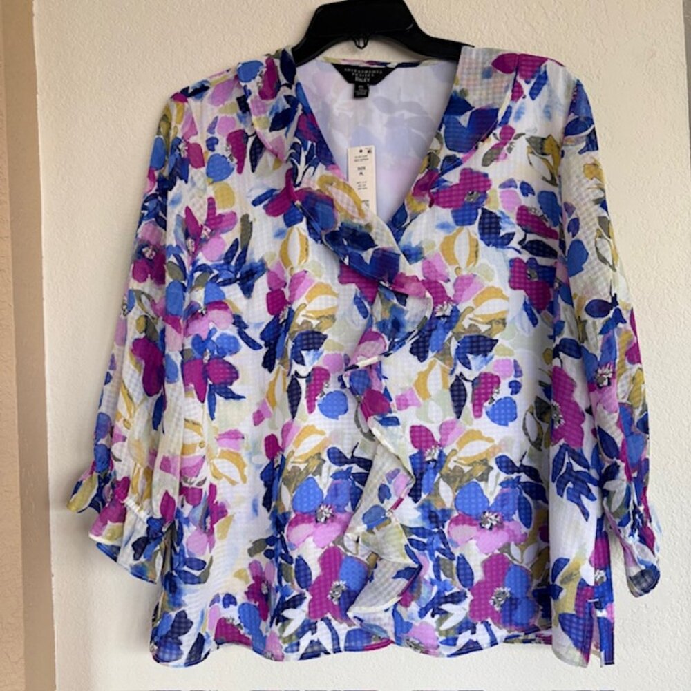 Investments Petites Womens PL Floral Blouse Riley Lined V Neck Collar Ruffle NWT - Picture 2 of 7